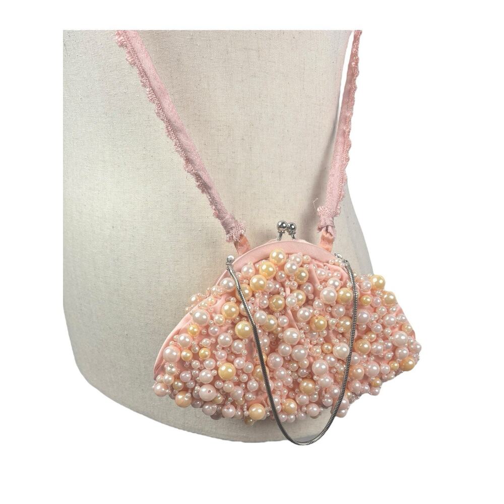 Carolee Antique Vintage Pink Ivory Pearl Kiss Lock Evening Bridal Wedding Purse - Picture 2 of 9